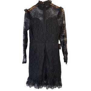 Bebe Black Ruffle Lace Mini Dress Illusion Neck XL 10020 Fit & Flare NWT